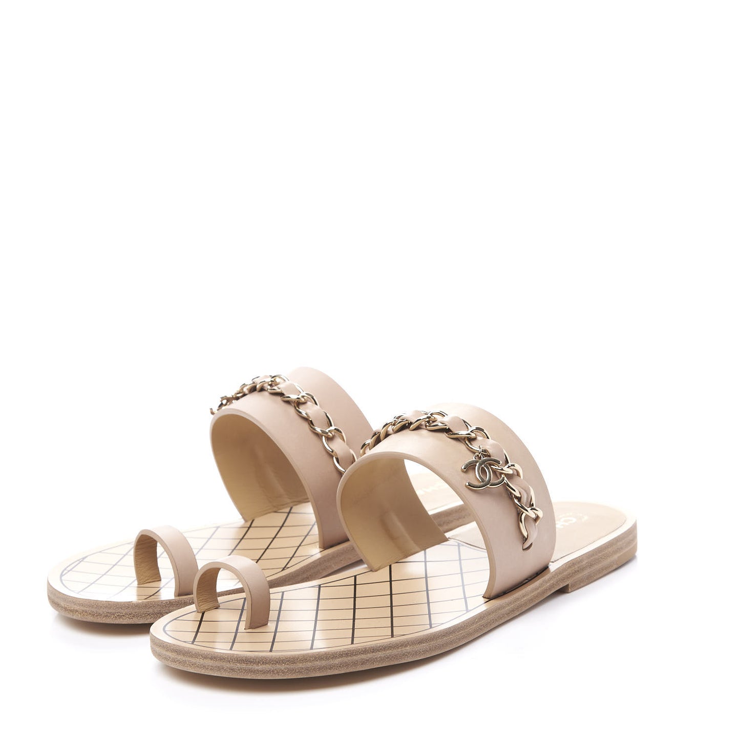 Calfskin Chain CC Logo Toe Ring Sandals 37 Beige