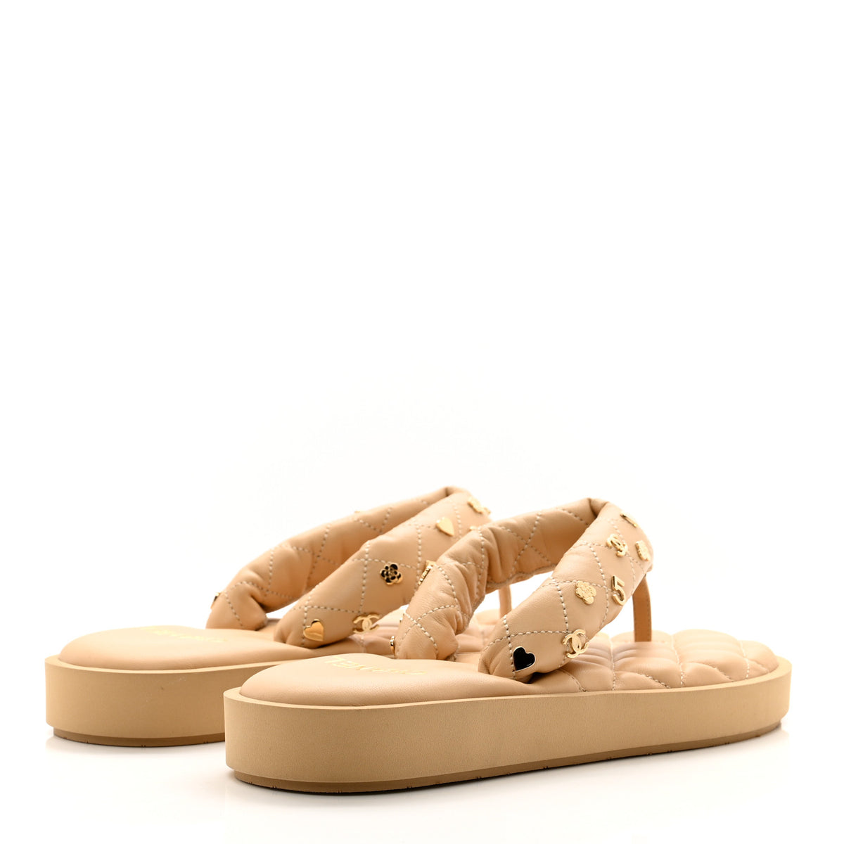 Lambskin Quilted Padded Charms Thong Sandals 37 Beige