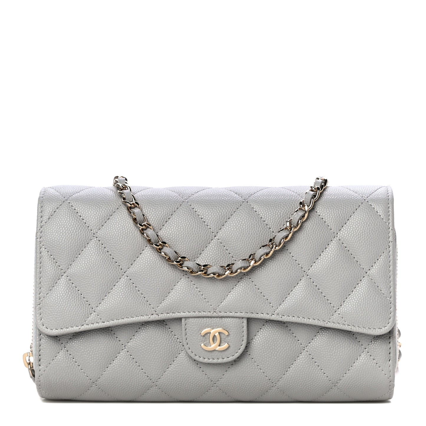 Caviar Quilted Phone Holder Wallet on Removable Chain Grey
