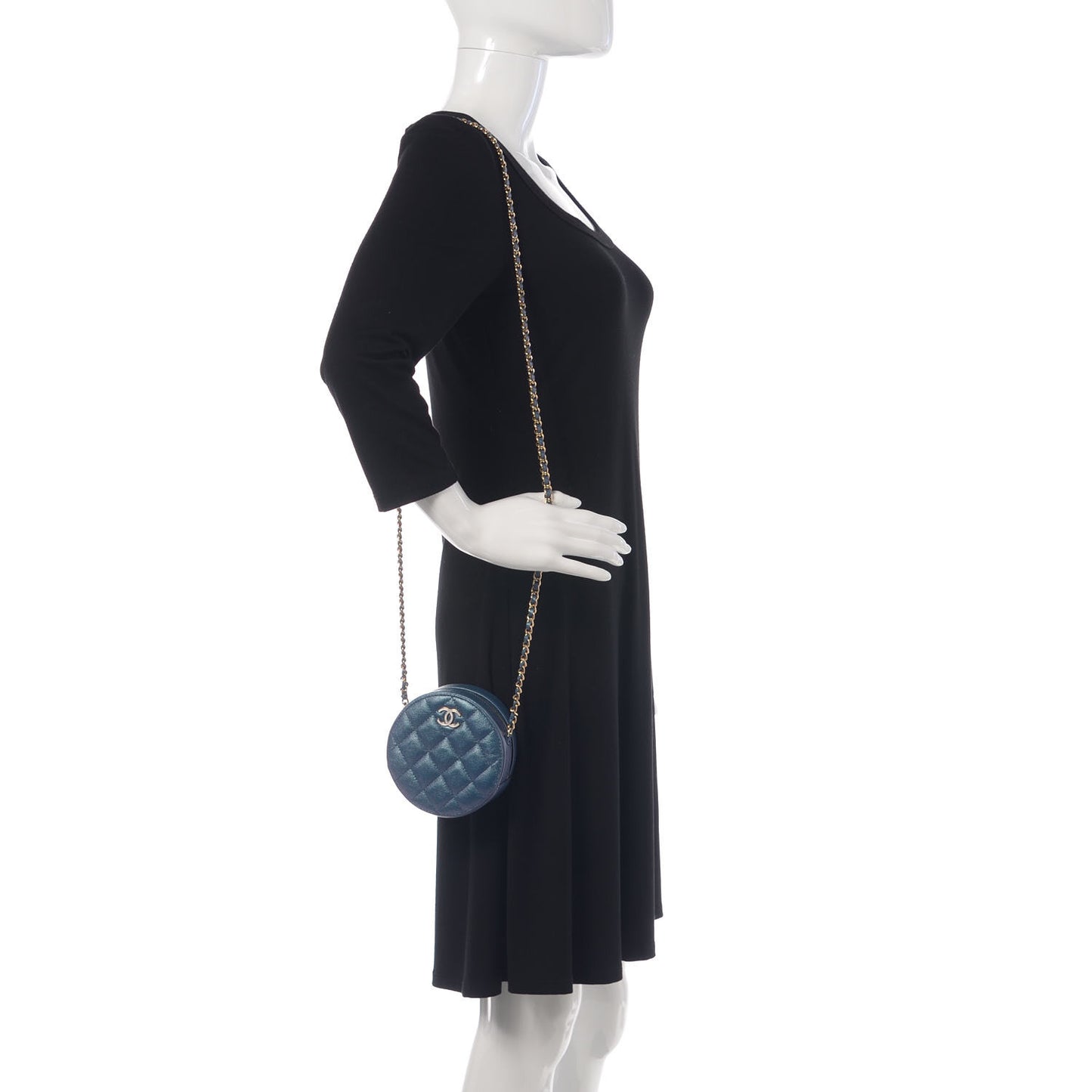 Iridescent Caviar Quilted Round Clutch With Chain Blue