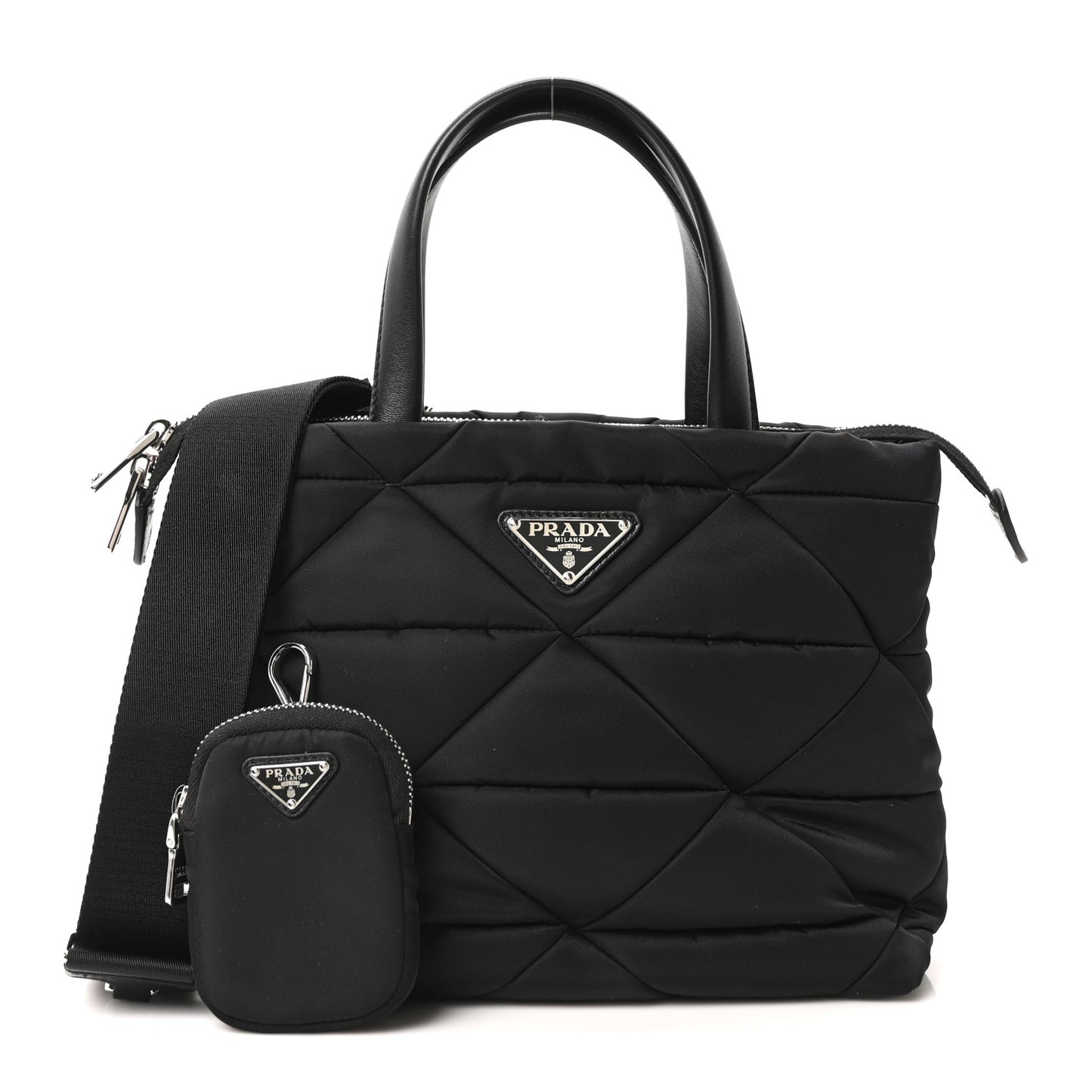 Re-Nylon Nappa Triangle Quilted Padded Double Handled Zip Pocket Tote Black