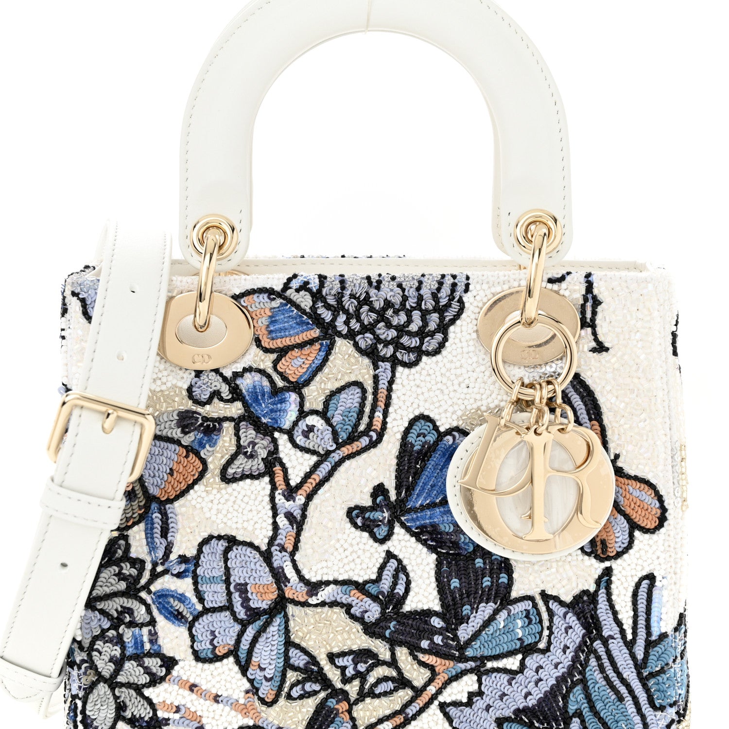 Christian Dior CHRISTIAN DIOR Calfskin Toile De Jouy Beaded Sequin Embroidered Small Mexico Lady Dior White Pastel Midnight Blue 7 of 9
