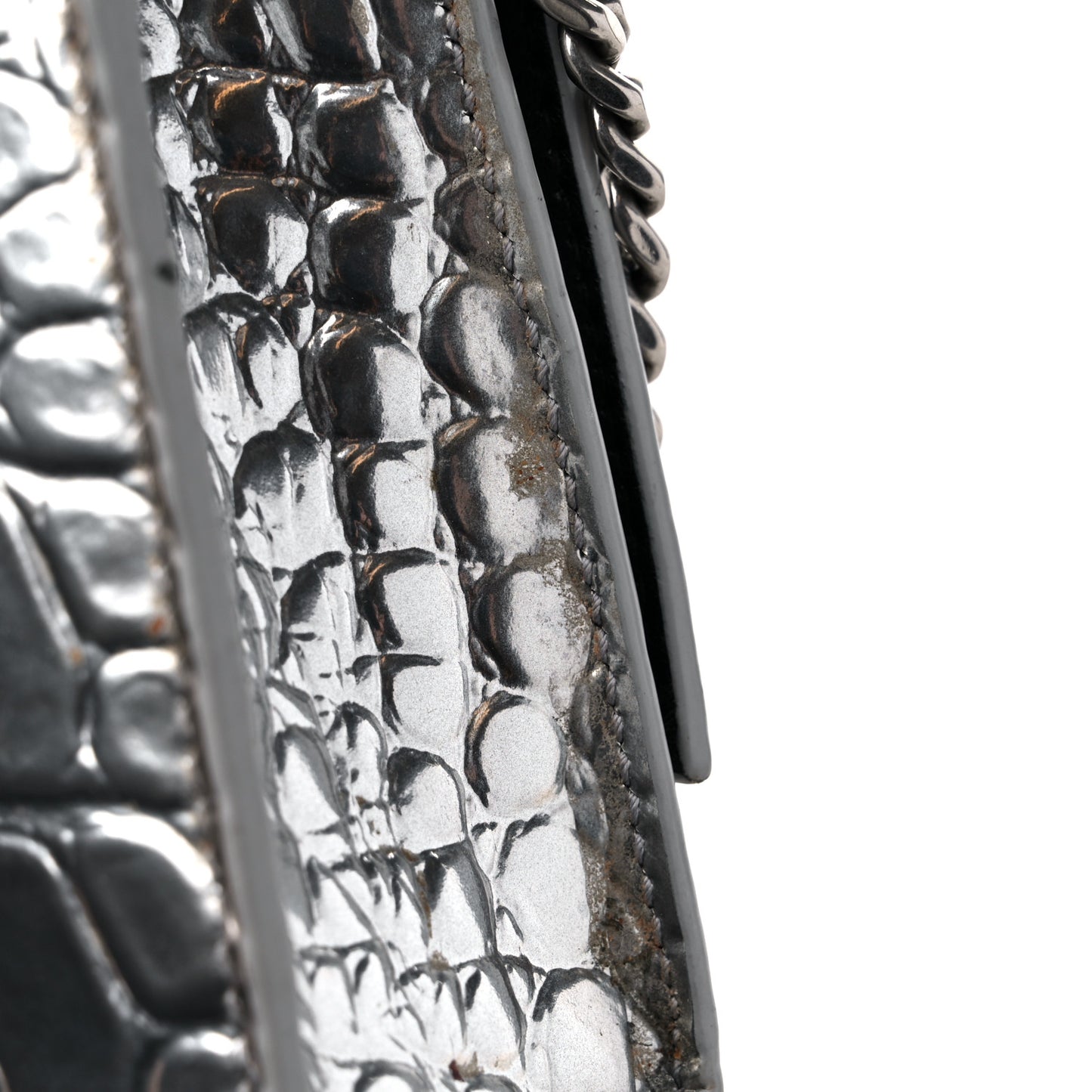 Metallic Calfskin Crocodile Embossed Hourglass Chain Bag Silver