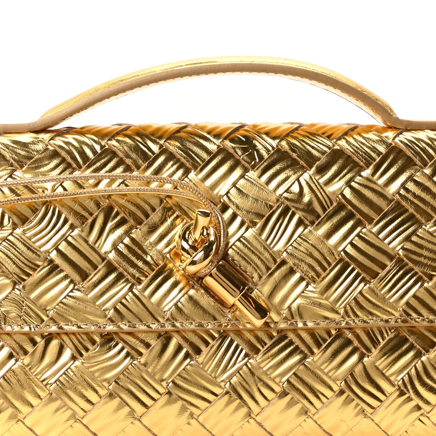 Bottega Veneta Metallic Satin Lambskin Intrecciato Long Andiamo Top Handle Clutch Gold 7 of 9