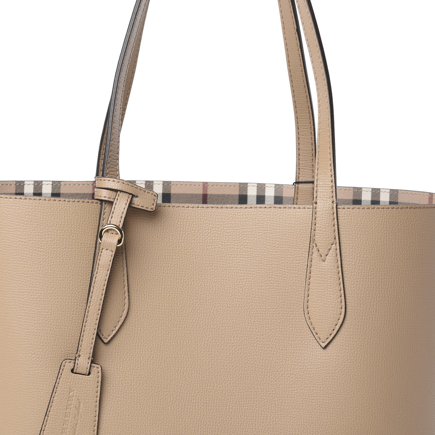 Grainy Calfskin Haymarket Check Small Reversible Tote Mid Camel