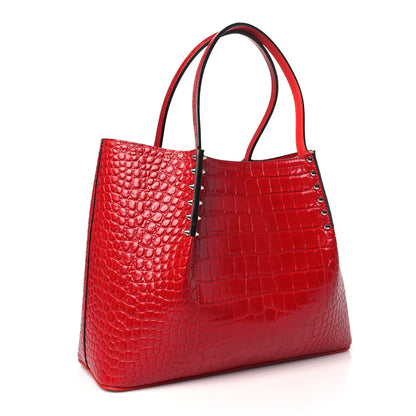 Christian Louboutin Crocodile Embossed Calfskin Spiked Small Cabarock Shopper Tote Red 3 of 9