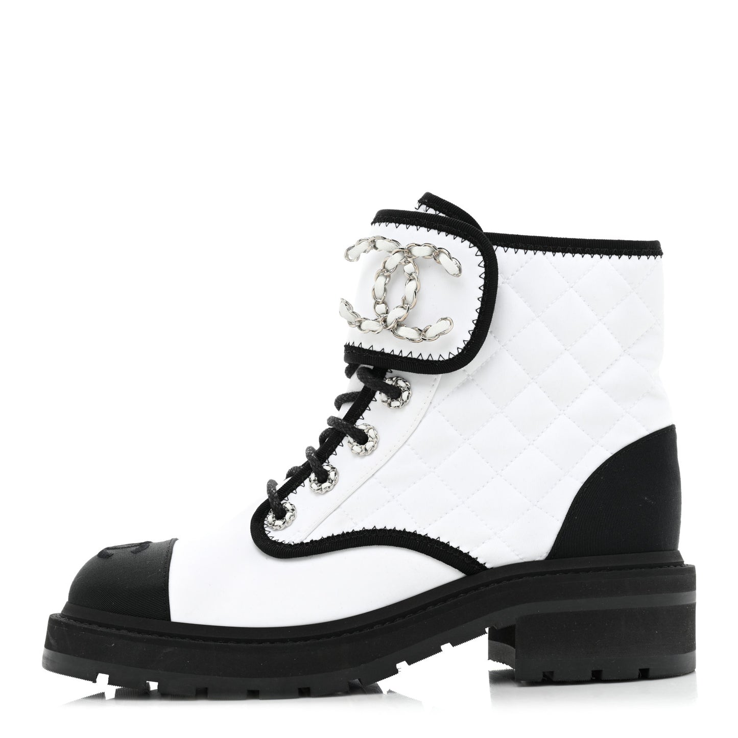 Fabric Grosgrain Quilted Cap Toe Lace Up Combat Boots 37 White Black