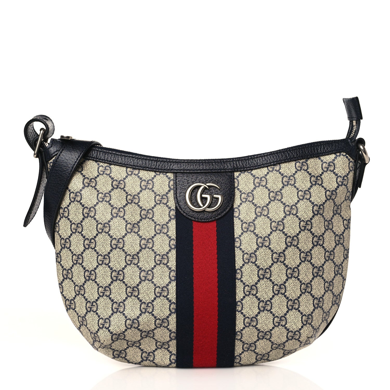 Gucci GG Supreme Monogram Textured Dollar Calfskin Web Small Ophidia Half Moon Hobo Beige Blue 1 of 9