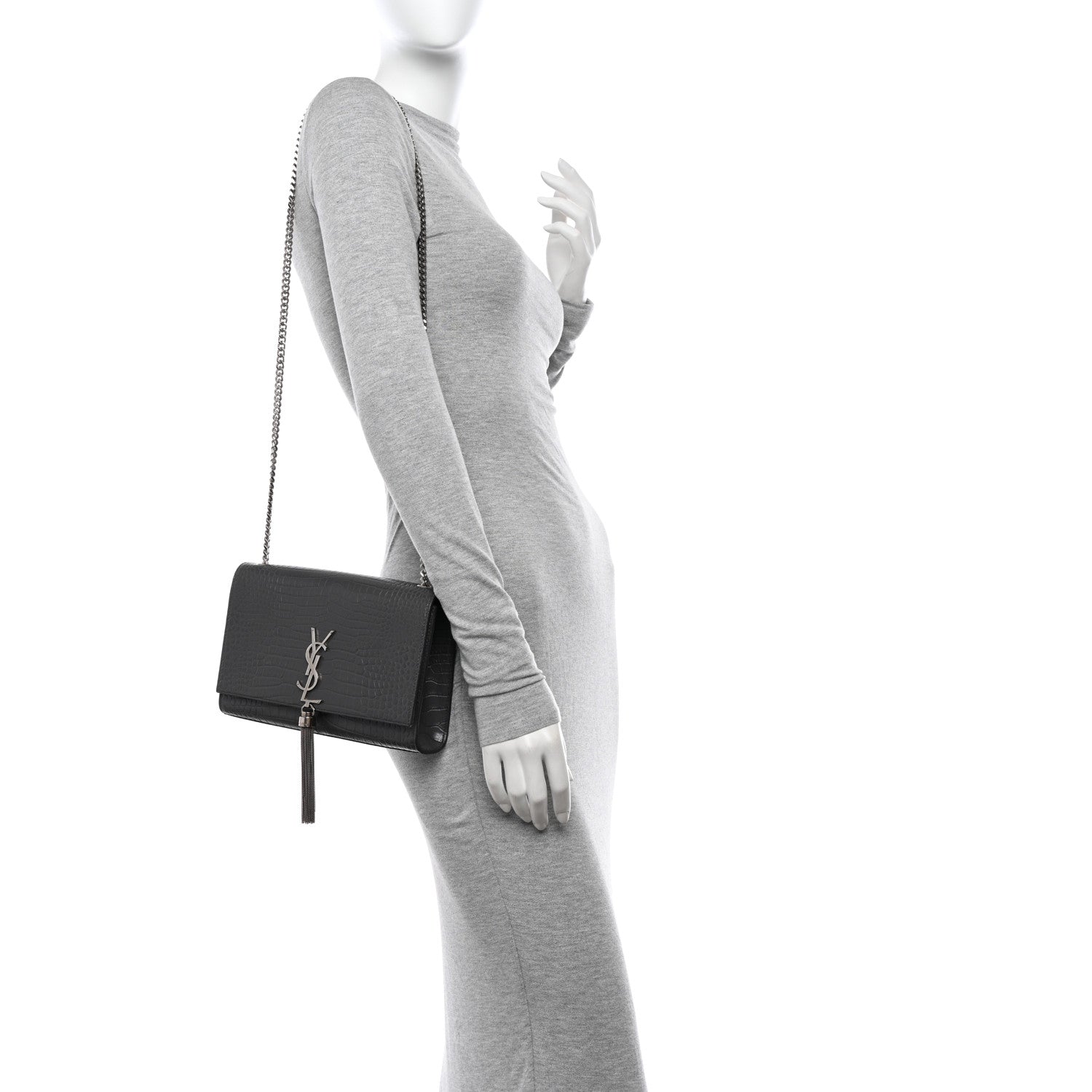 Saint Laurent Calfskin Crocodile Embossed Medium Classic Monogram Kate Tassel Satchel Storm 2 of 10
