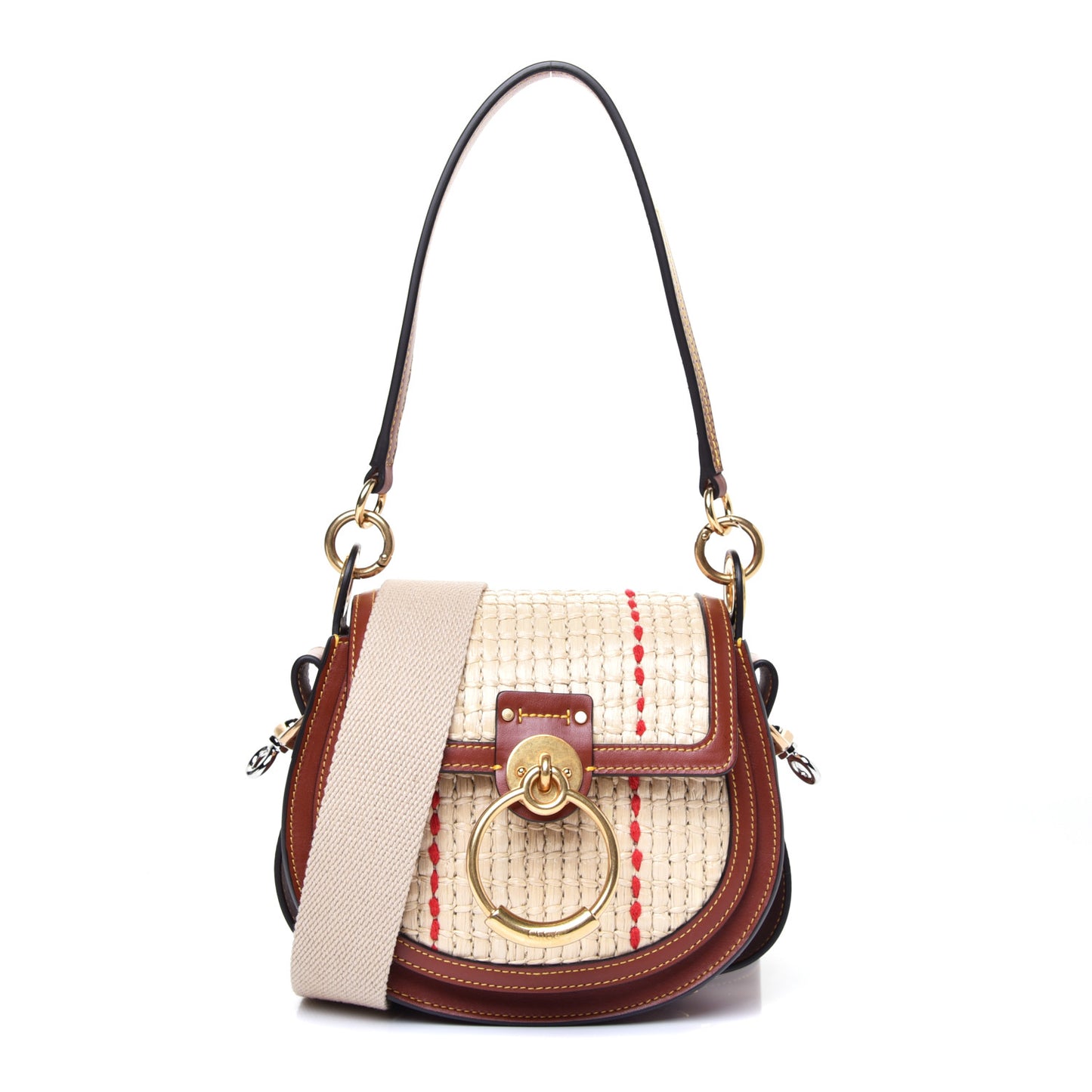 Calfskin Raffia Embroidered Small Tess Bag Sepia Brown