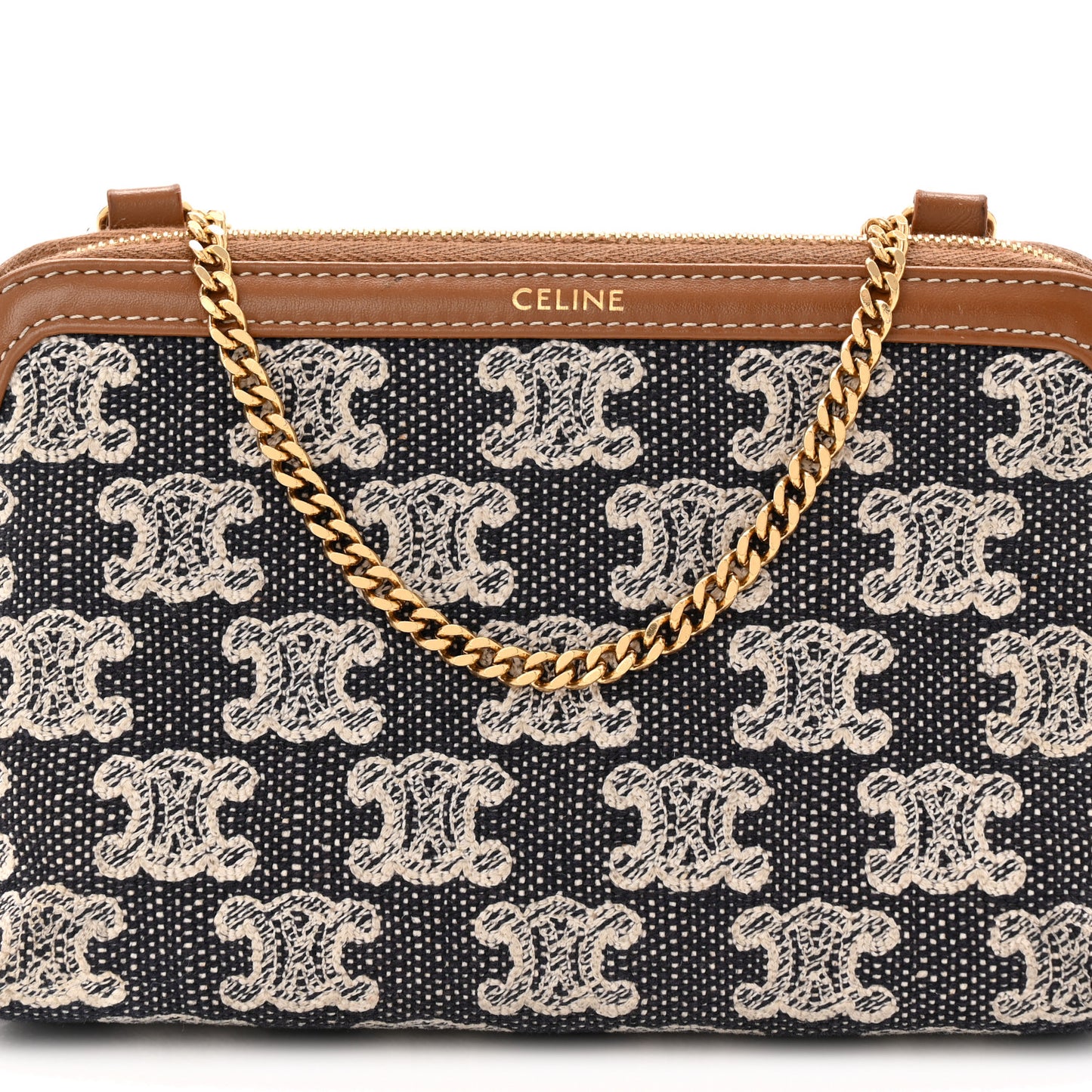 Canvas Calfskin Triomphe Embroidered Clutch On Chain Navy Blue