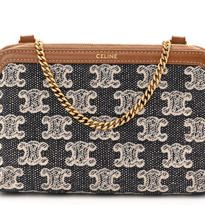 Celine Canvas Calfskin Triomphe Embroidered Clutch On Chain Navy Blue 8 of 11