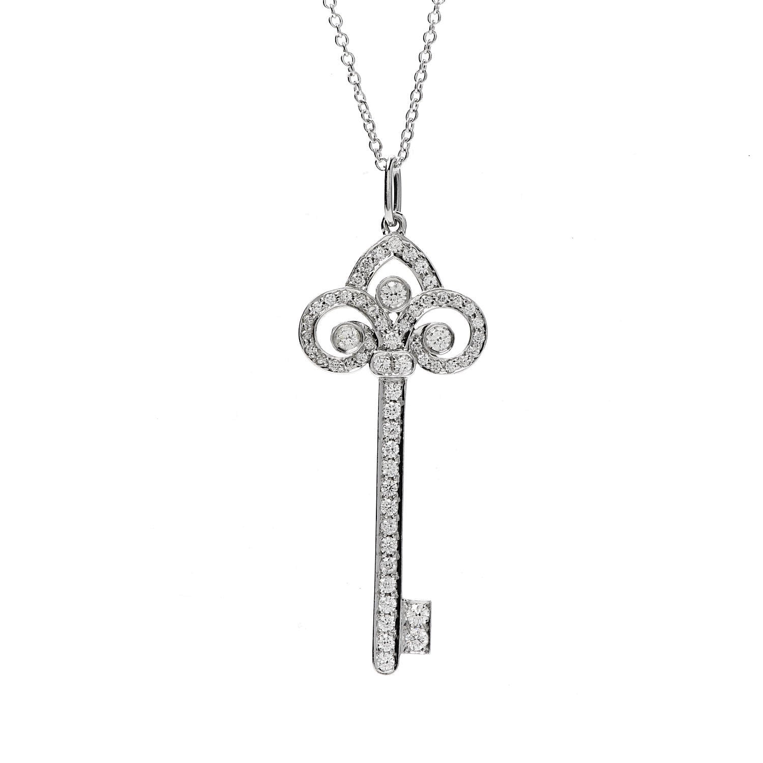 Tiffany Platinum Diamond .41ct Fleur De Lis Key Pendant Necklace 5 of 8