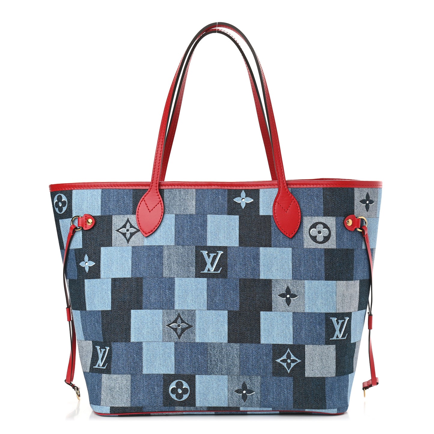 Denim Damier Monogram Patchwork Neverfull Blue Rouge