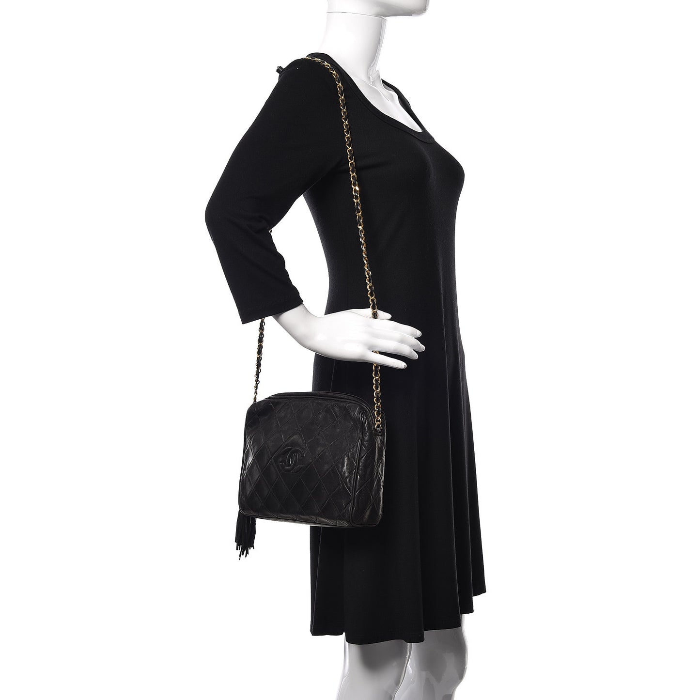 Lambskin Quilted CC Tassel Camera Case Black