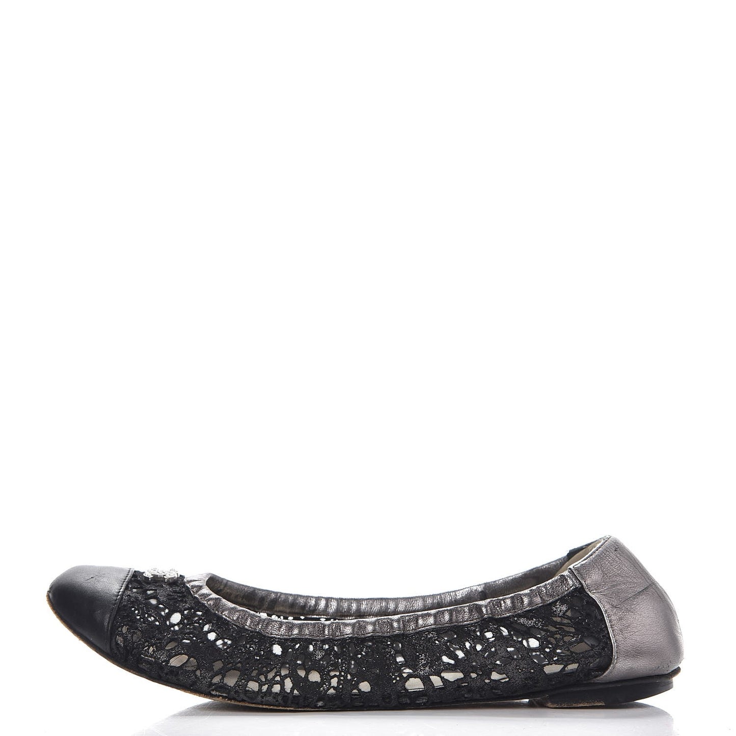 Metallic Calfskin Lace Pearl CC Cap Toe Elastic Ballerina Flats 37.5 Black