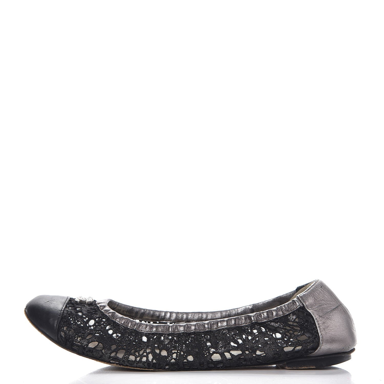 Chanel Metallic Calfskin Lace Pearl CC Cap Toe Elastic Ballerina Flats 37.5 Black 1 of 15