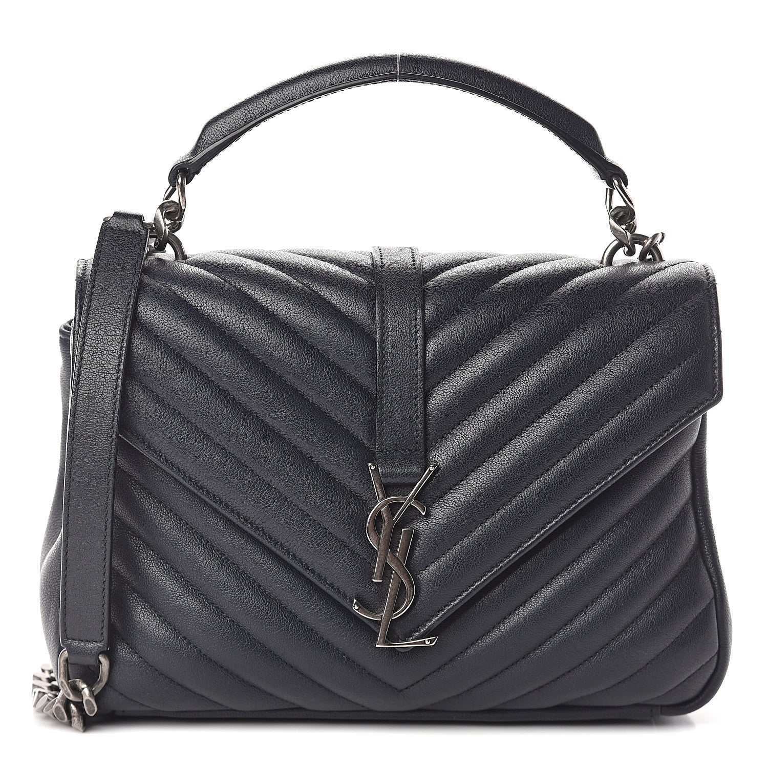 Saint Laurent Sheepskin Matelasse Chevron Monogram Medium College Bag Deep Marine 1 of 8