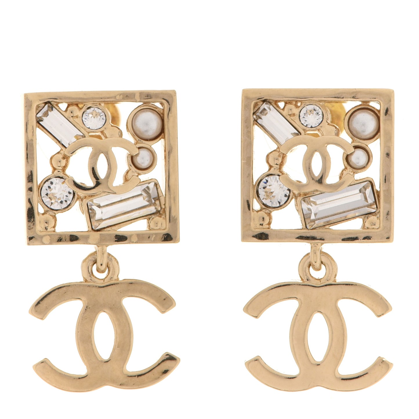 Crystal Pearl CC Square Drop Earrings Gold