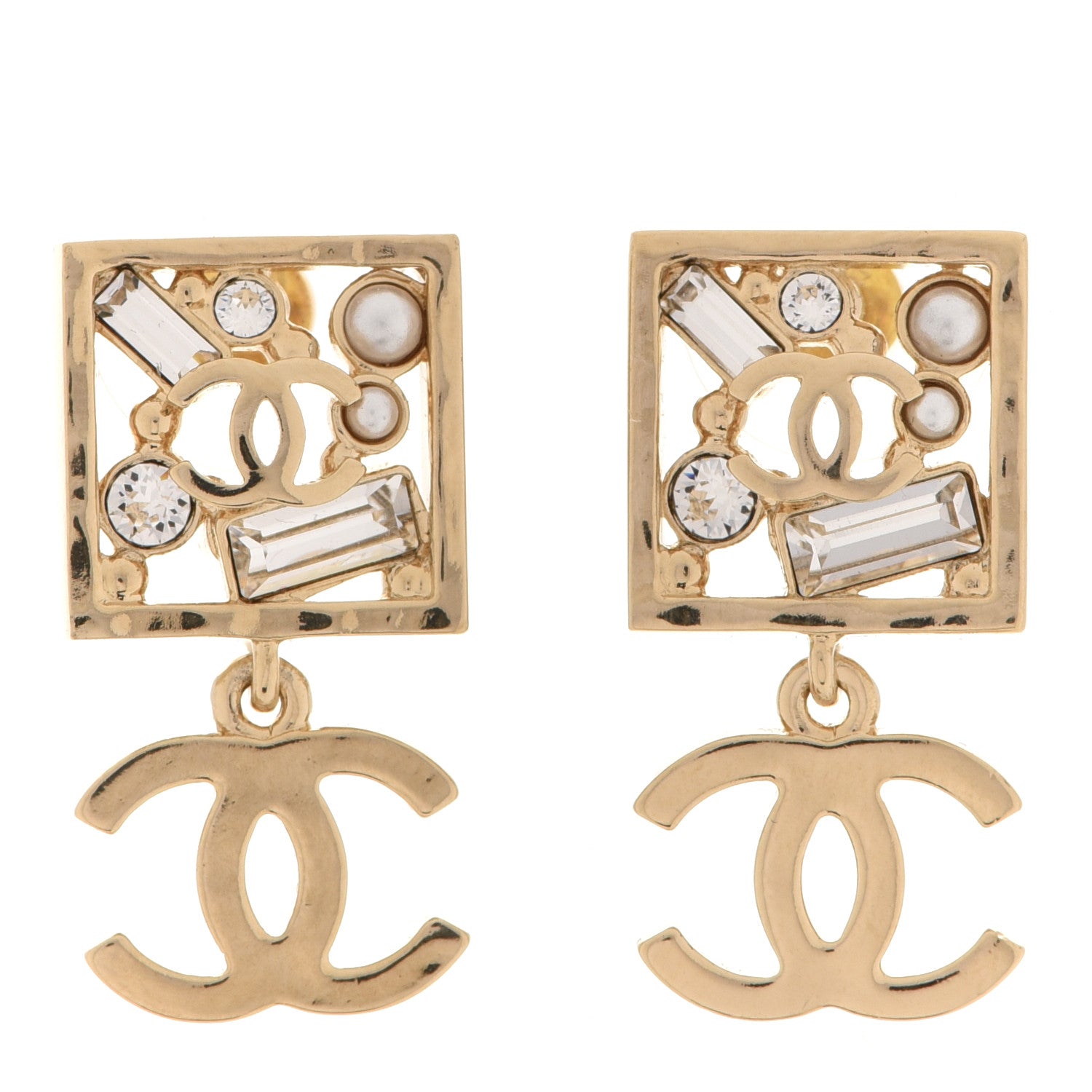 Chanel Crystal Pearl CC Square Drop Earrings Gold 1 of 5