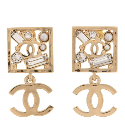 Chanel Crystal Pearl CC Square Drop Earrings Gold 1 of 5