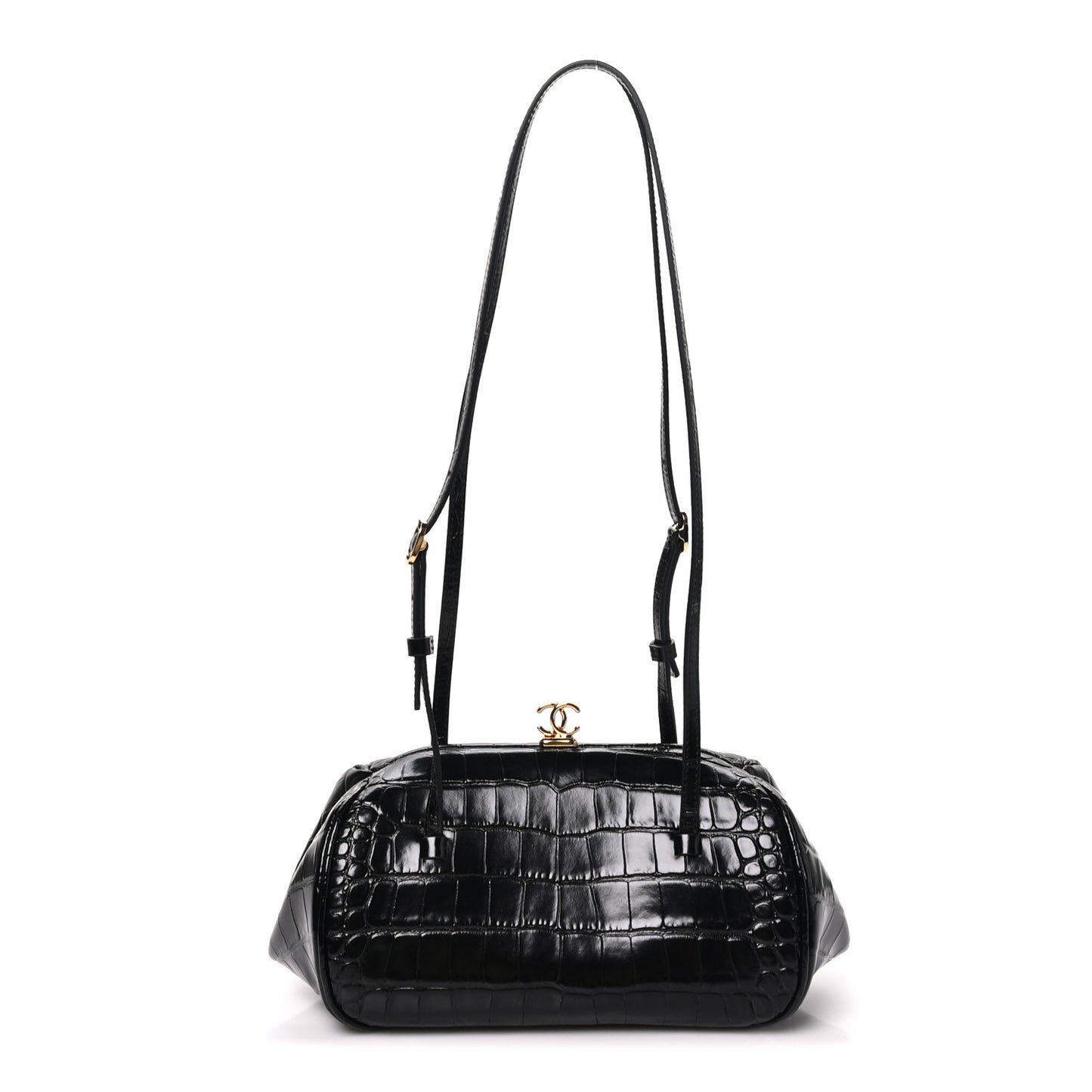 Calfskin Crocodile Embossed Pretty CC Clutch With Strap Black