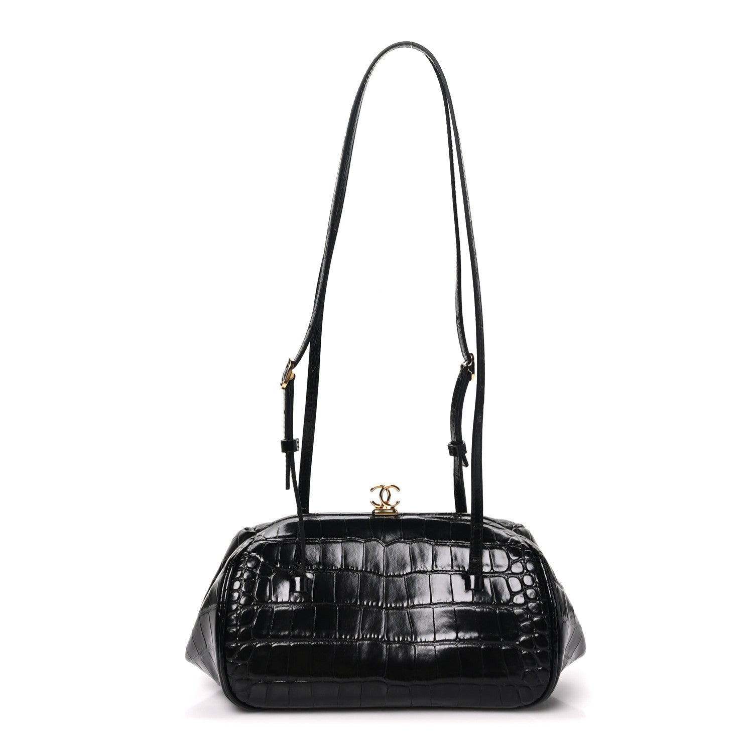 Chanel Calfskin Crocodile Embossed Pretty CC Clutch With Strap Black 1 of 10
