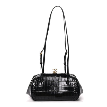 Chanel Calfskin Crocodile Embossed Pretty CC Clutch With Strap Black 1 of 10