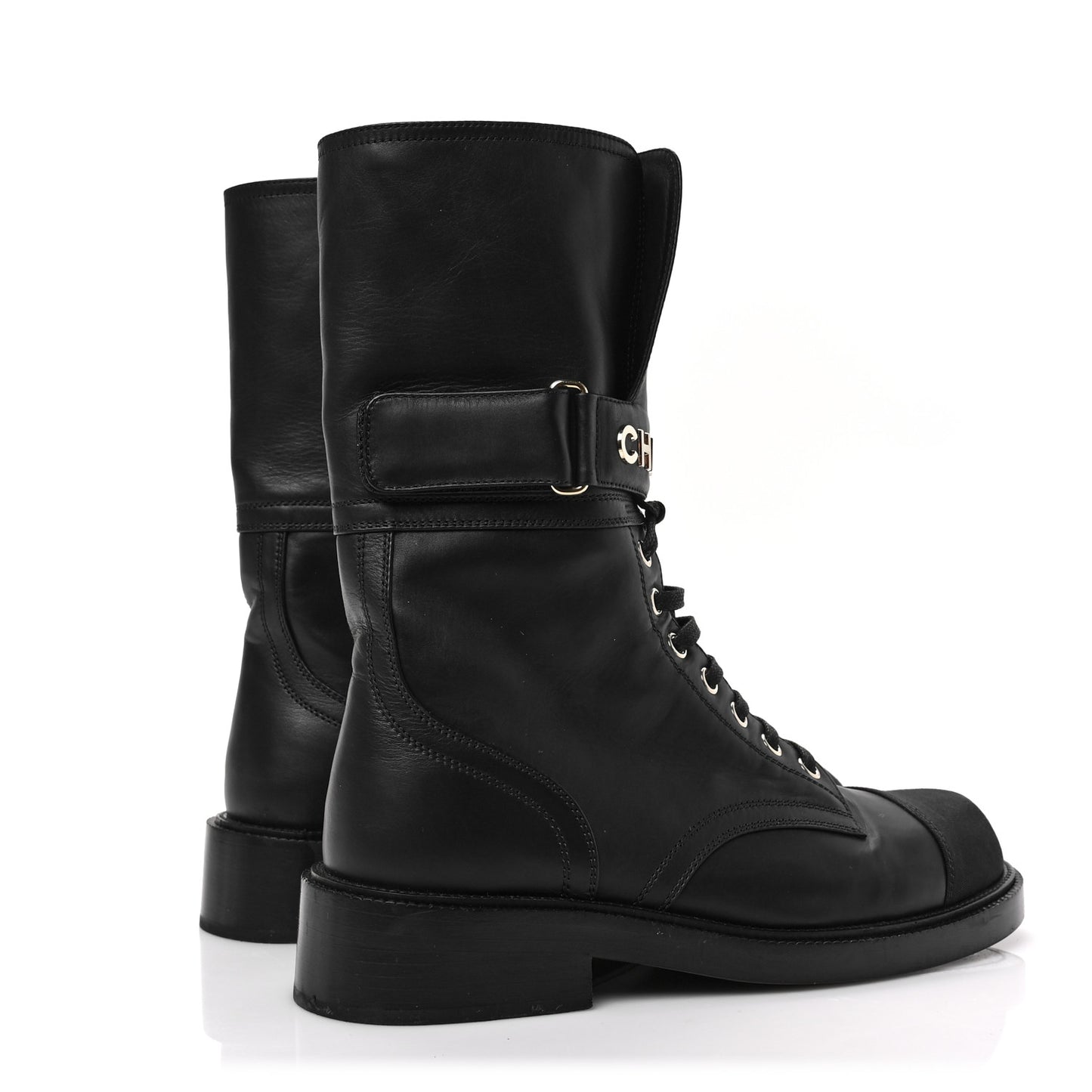 Shiny Calfskin Lace Up Combat Boots 38.5 Black