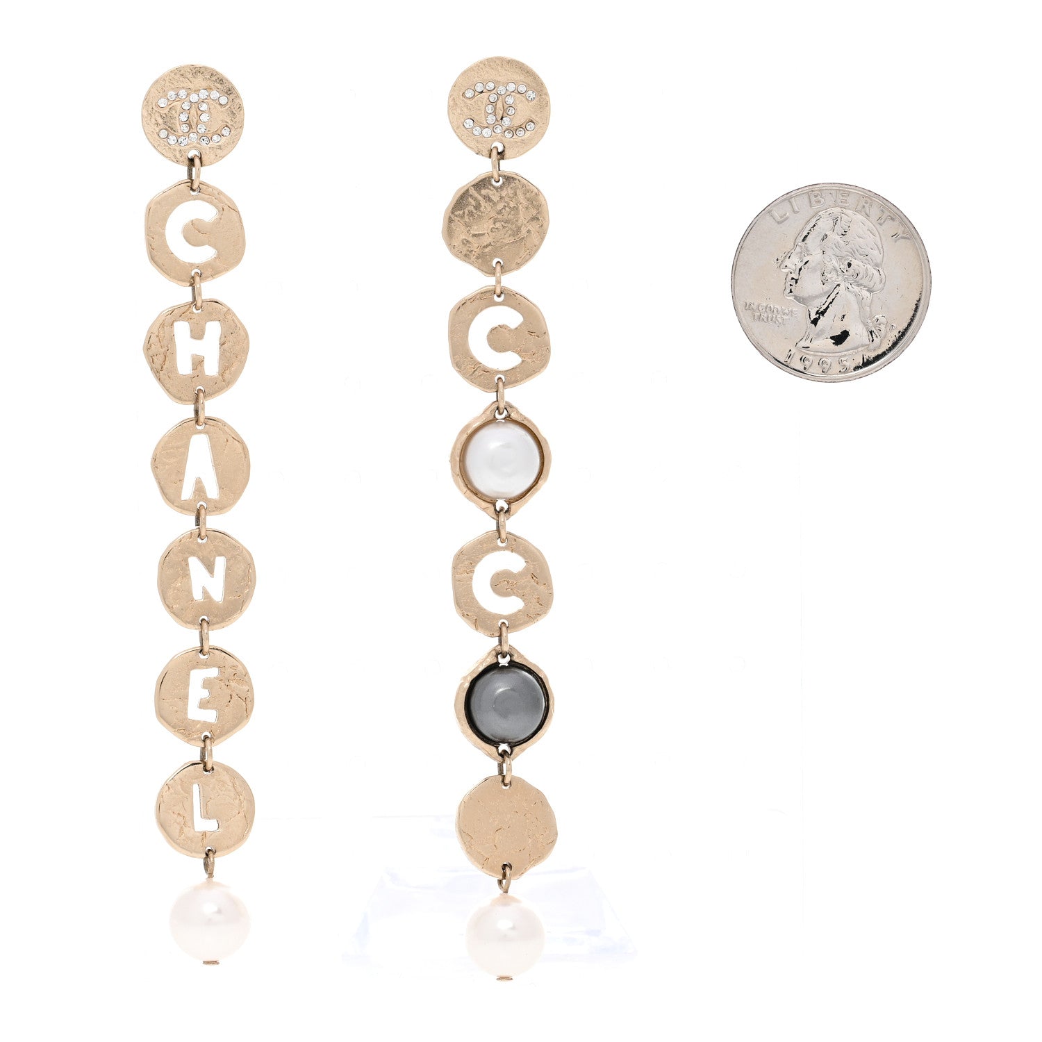Chanel Pearl Crystal Papyrus Drop Strand Earrings Gold Grey 2 of 4