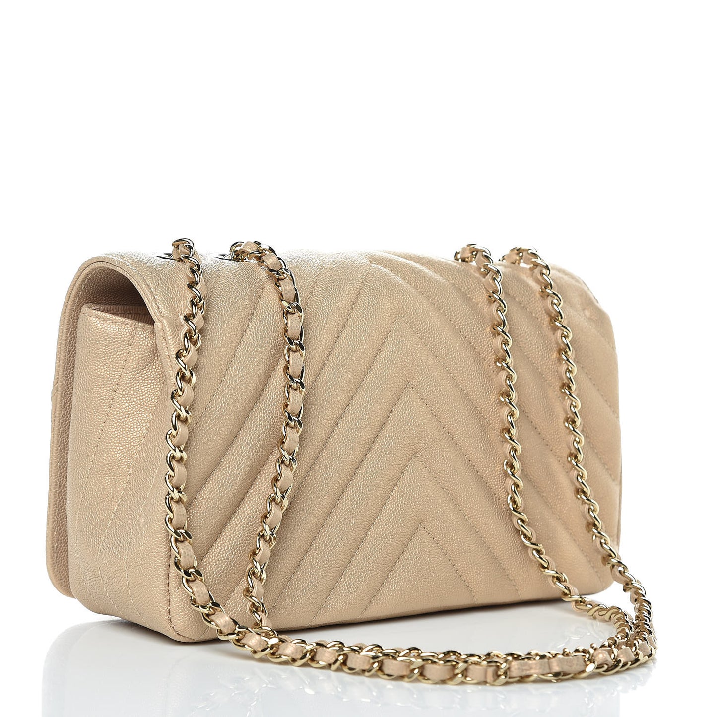 Metallic Caviar Chevron Quilted Mini Statement Flap Beige
