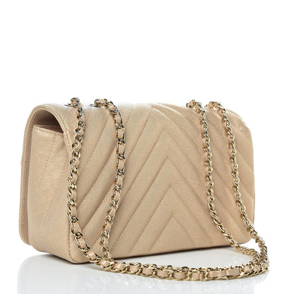 Chanel Metallic Caviar Chevron Quilted Mini Statement Flap Beige 3 of 10