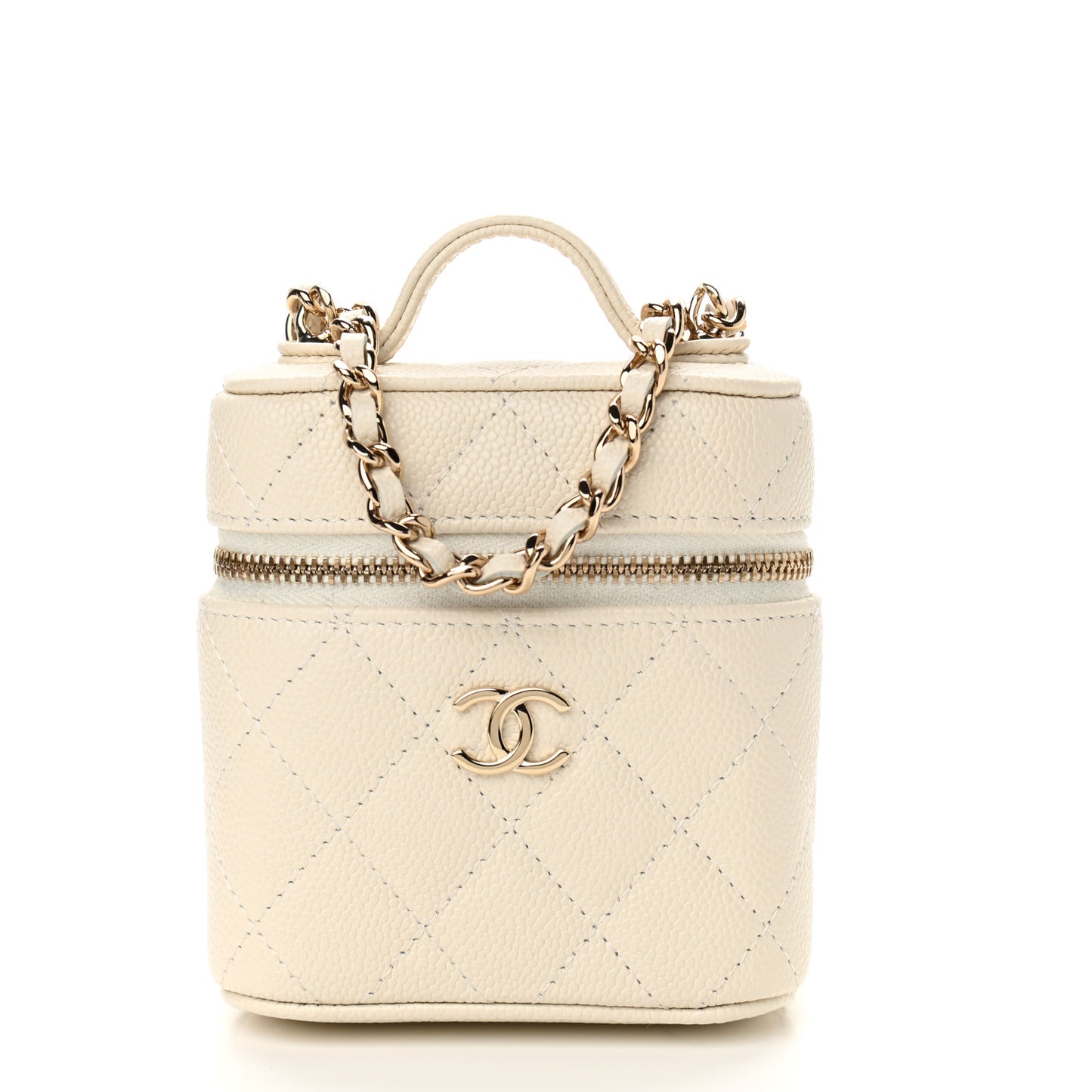 Caviar Quilted Small Handle With Care Vanity Case With Chain White