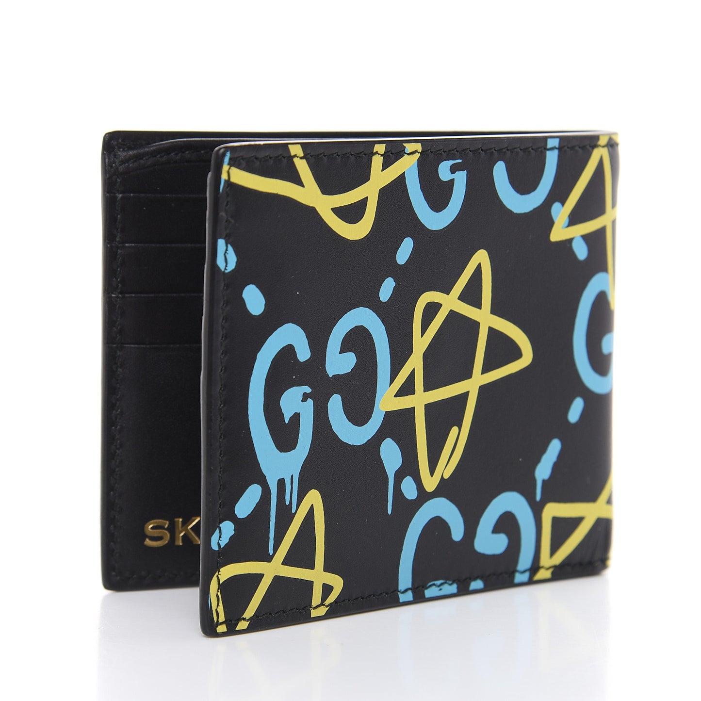 Calfskin GucciGhost Print Bi-Fold Wallet Black New Acquamarine