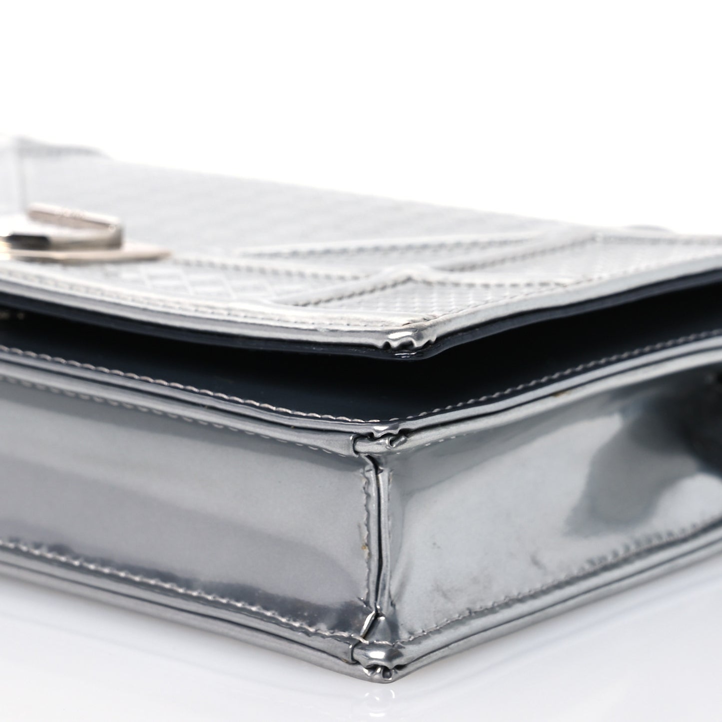 Metallic Patent Micro-Cannage Diorama Wallet on Chain Pouch Silver