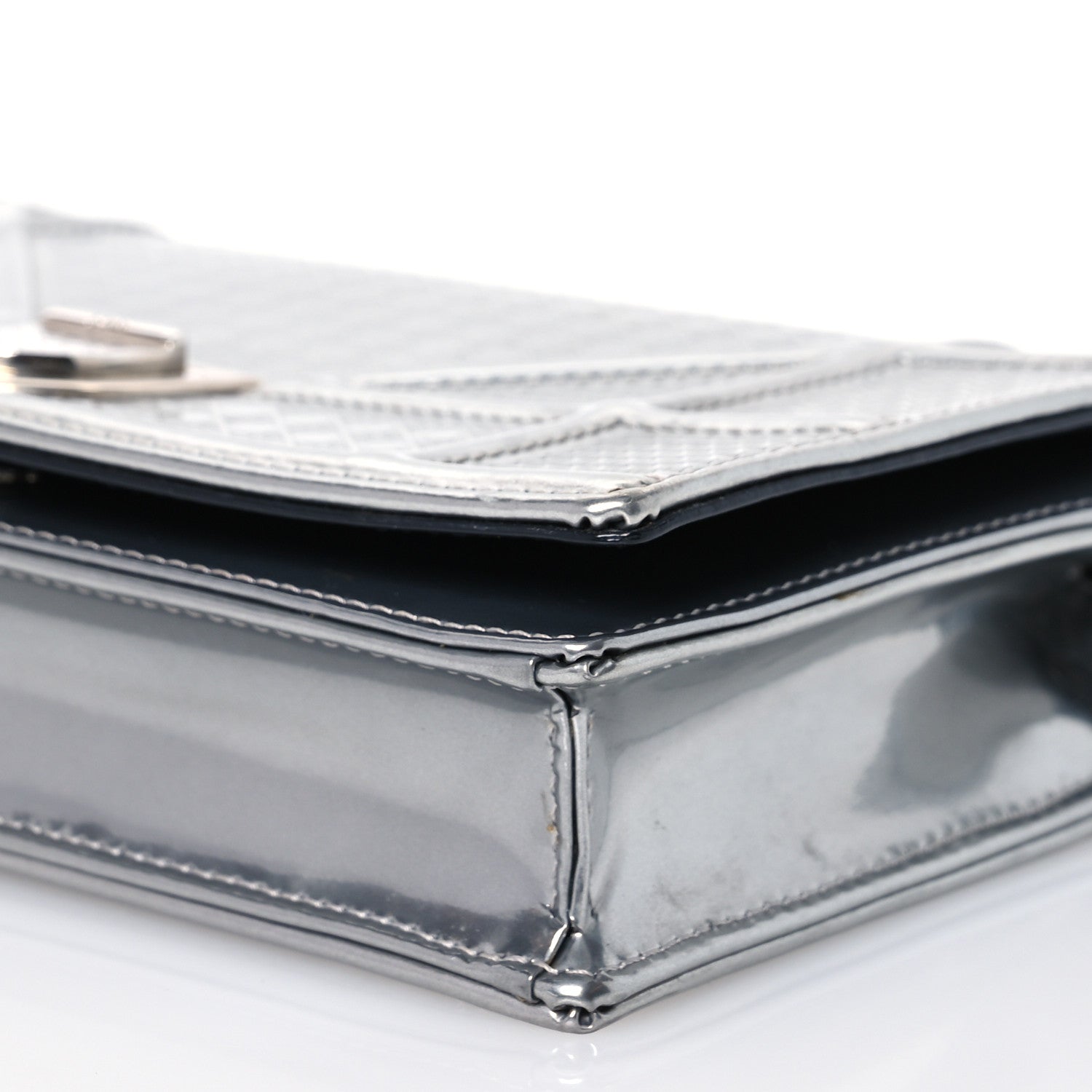 Christian Dior Metallic Patent Micro-Cannage Diorama Wallet on Chain Pouch Silver 12 of 16