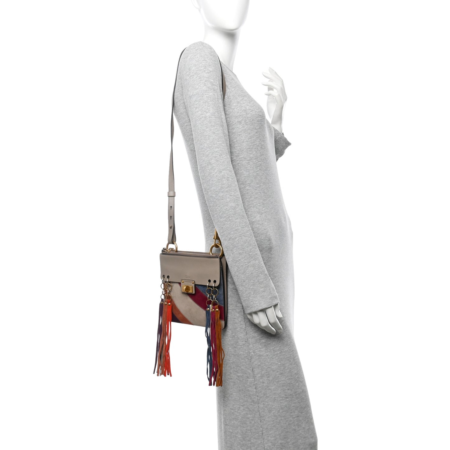 Calfskin Suede Small Jane Fringe Bag Motty Grey Multicolor