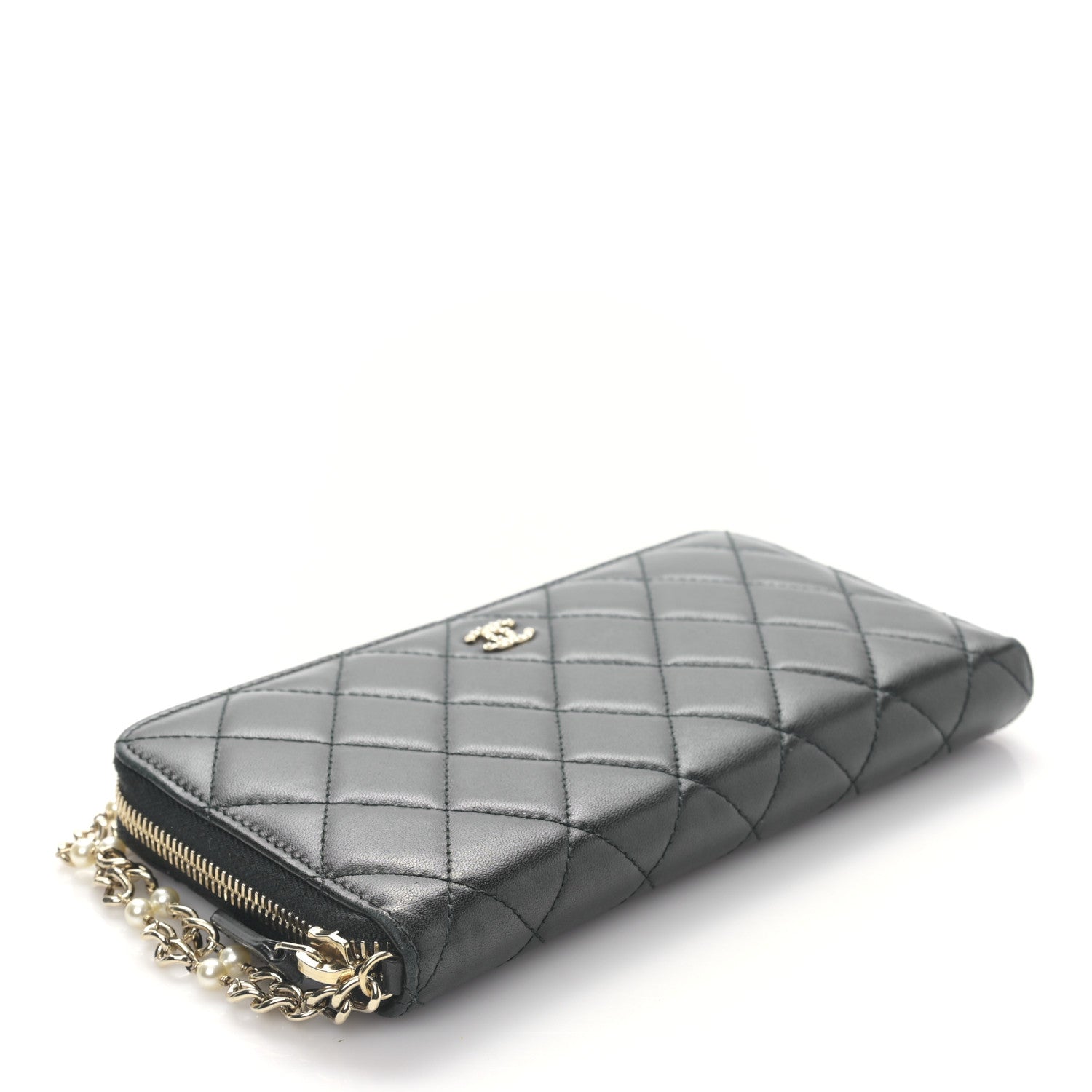Chanel Lambskin Zip Around Large Gusset Wallet With Pearl Chain Black 4 of 11