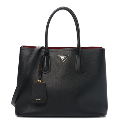 Prada Saffiano Cuir Large Double Bag Black Fuoco 1 of 9