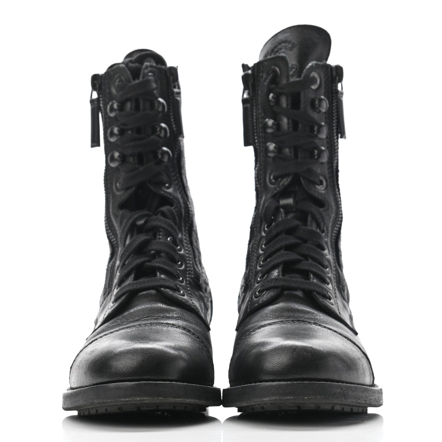 Chanel Sheepskin Quilted CC Tall Lace Up Combat Boots 37 Black 2 of 13