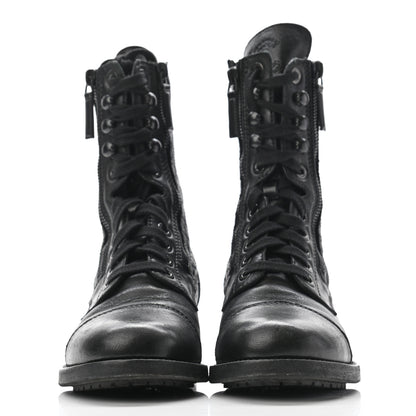 Chanel Sheepskin Quilted CC Tall Lace Up Combat Boots 37 Black 2 of 13