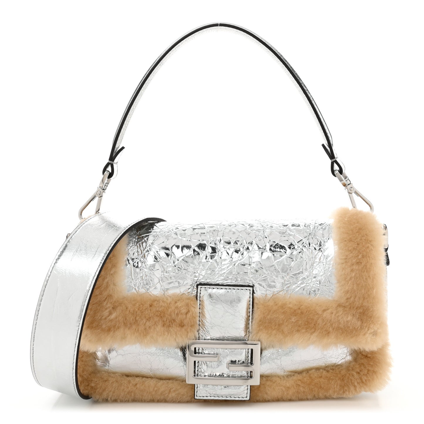 Craquele Lambskin Sheepskin Fur Baguette Argento