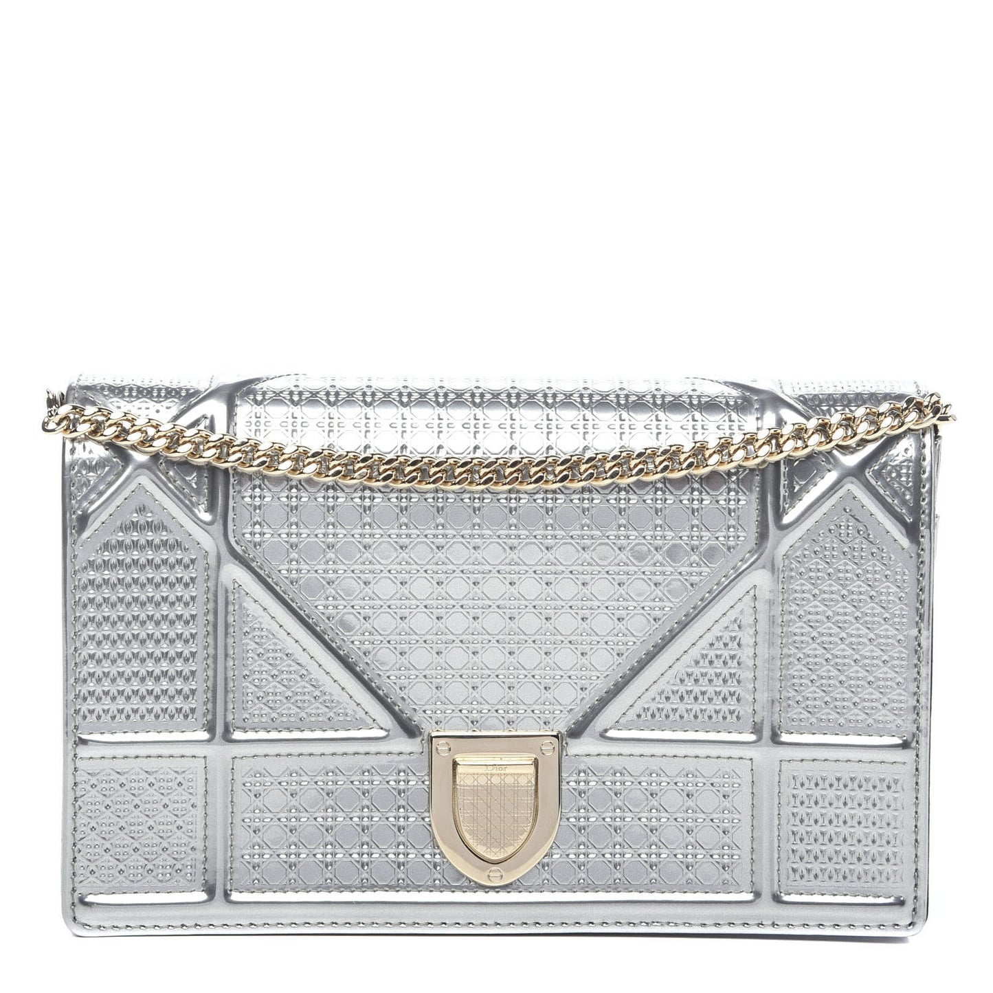 Metallic Patent Micro-Cannage Diorama Wallet on Chain Pouch Silver
