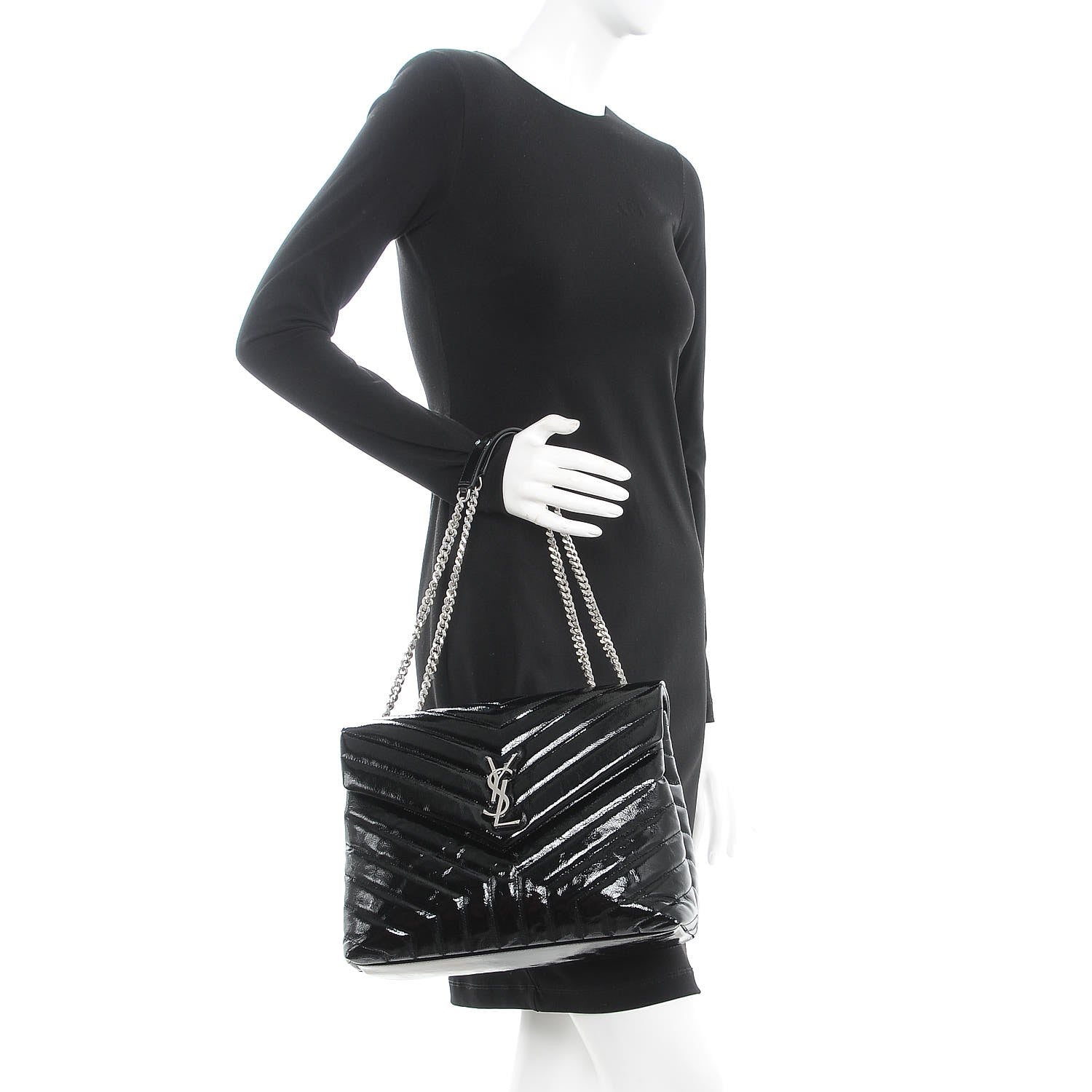 Saint Laurent Patent Y Quilted Monogram Medium Loulou Chain Satchel Black 2 of 9