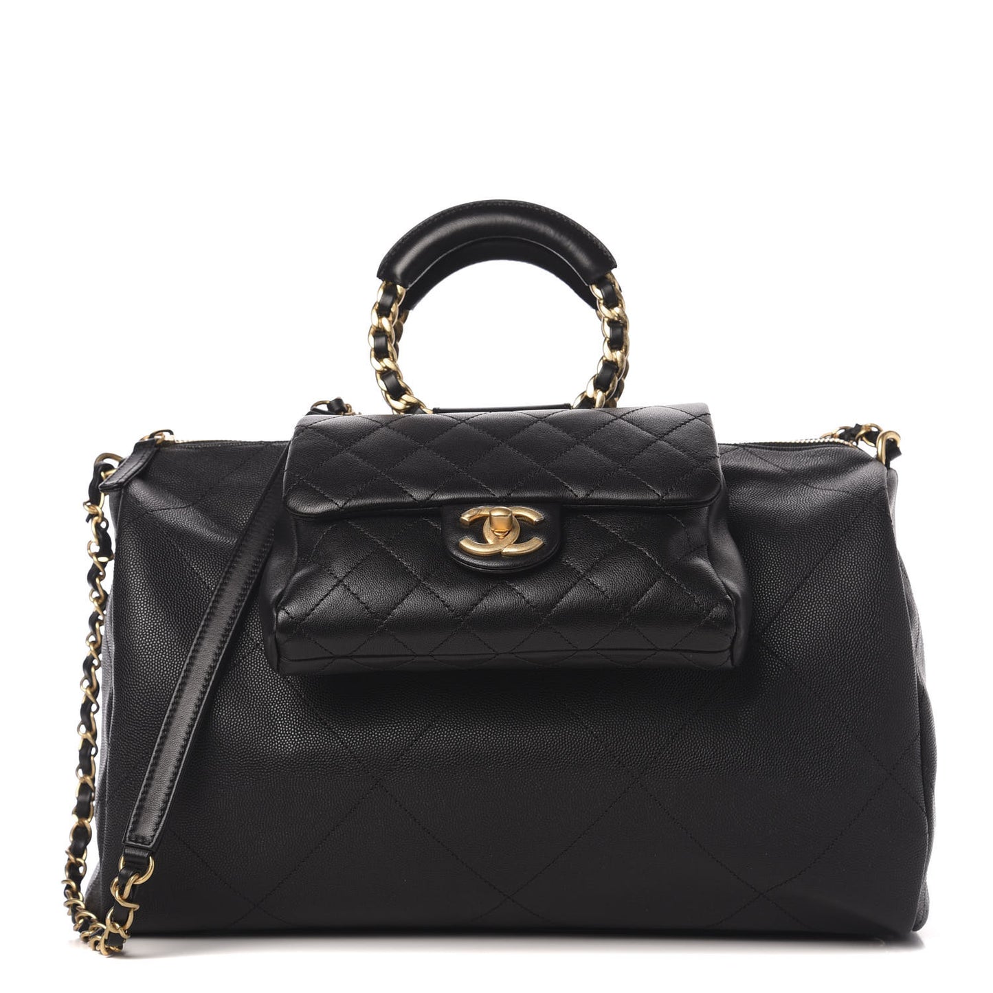 Grained Calfskin Lambskin Quilted Large Bowling Bag Black
