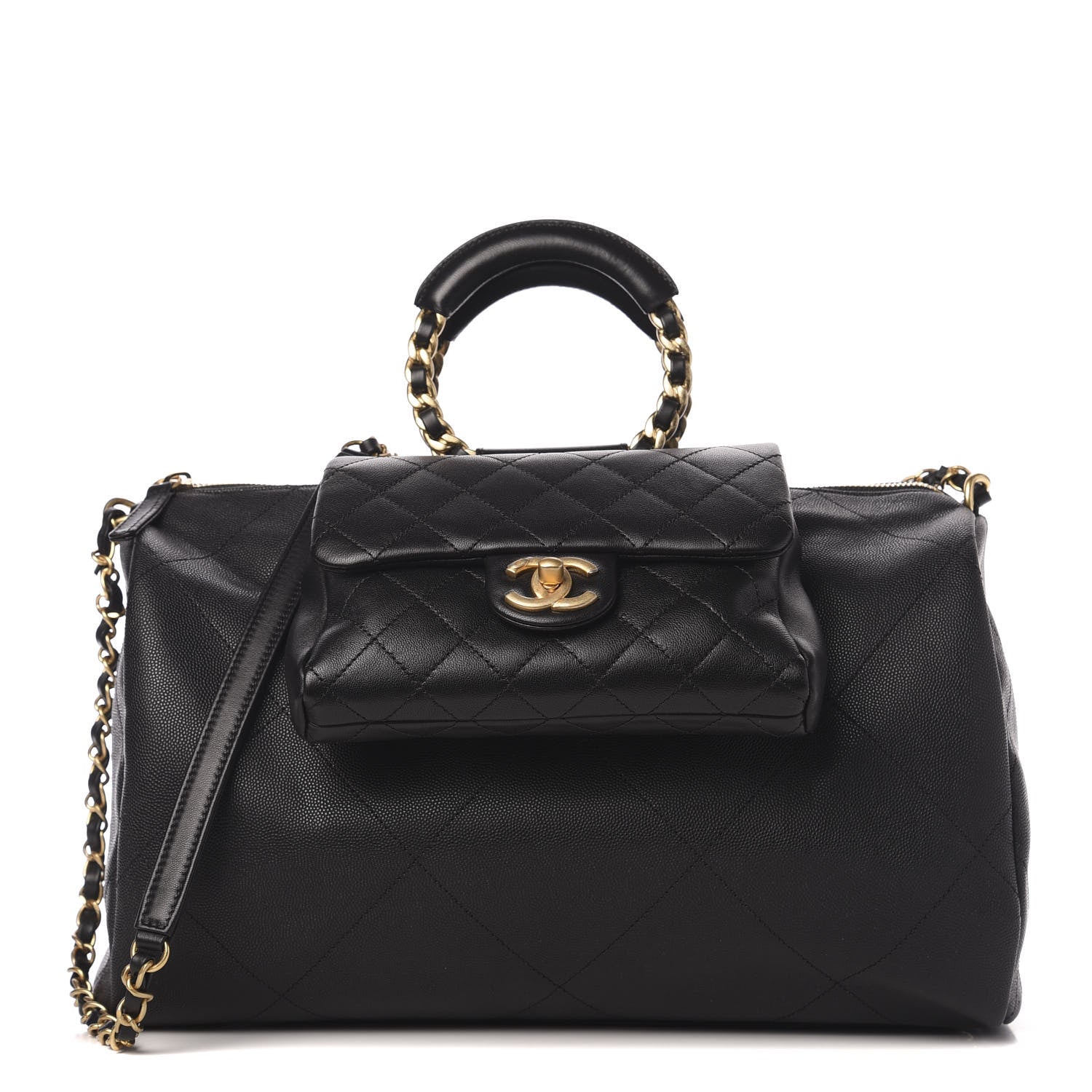 Chanel Grained Calfskin Lambskin Quilted Large Bowling Bag Black 1 of 11
