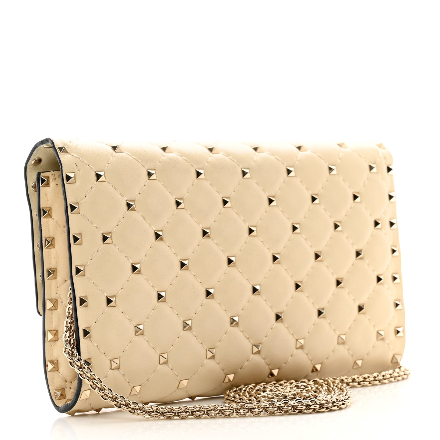 Lambskin Rockstud Spike Wallet on Chain Light Ivory