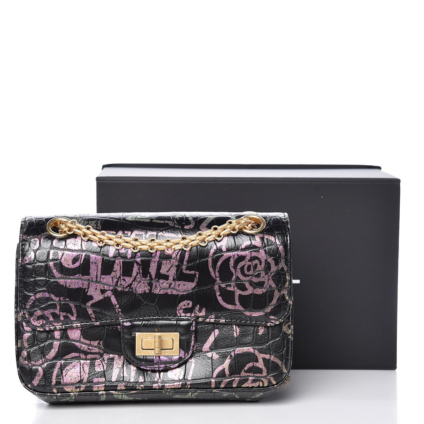 Calfskin Crocodile Embossed Graffiti 2.55 Mini Cocodile Reissue Flap Black Pink