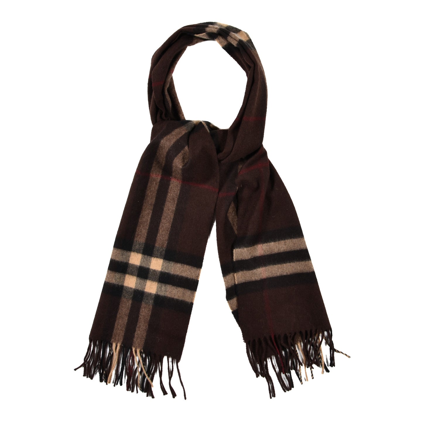 Cashmere Giant Check Fringe Scarf Dark Chestnut Brown