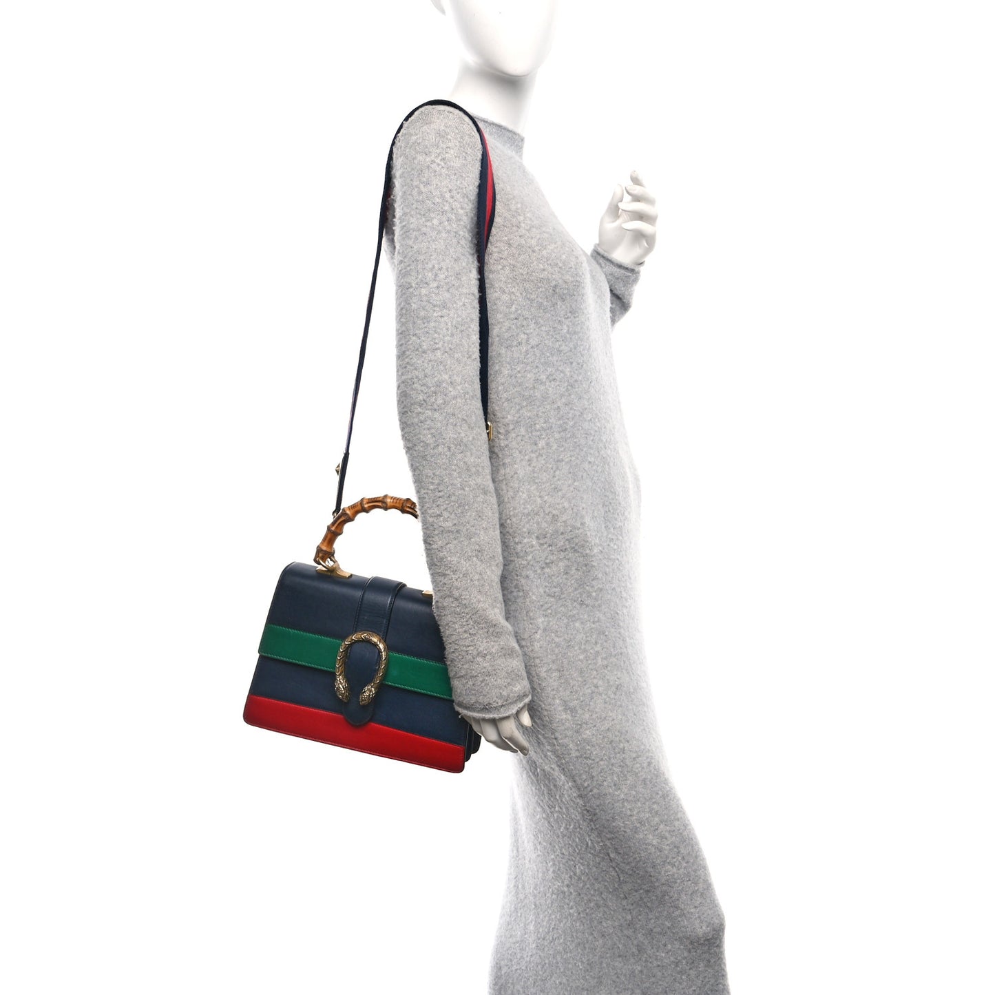 Moon Calfskin Bamboo Web Medium Dionysus Top Handle Bag Blue Emerald Hibiscus Red